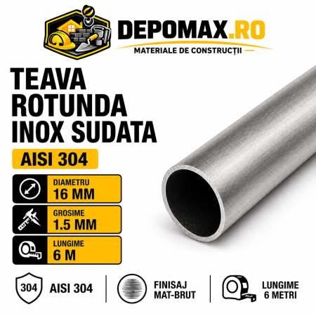 Teava rotunda inox sudata AISI 304, 16 x 1.5 mm, 6 metri